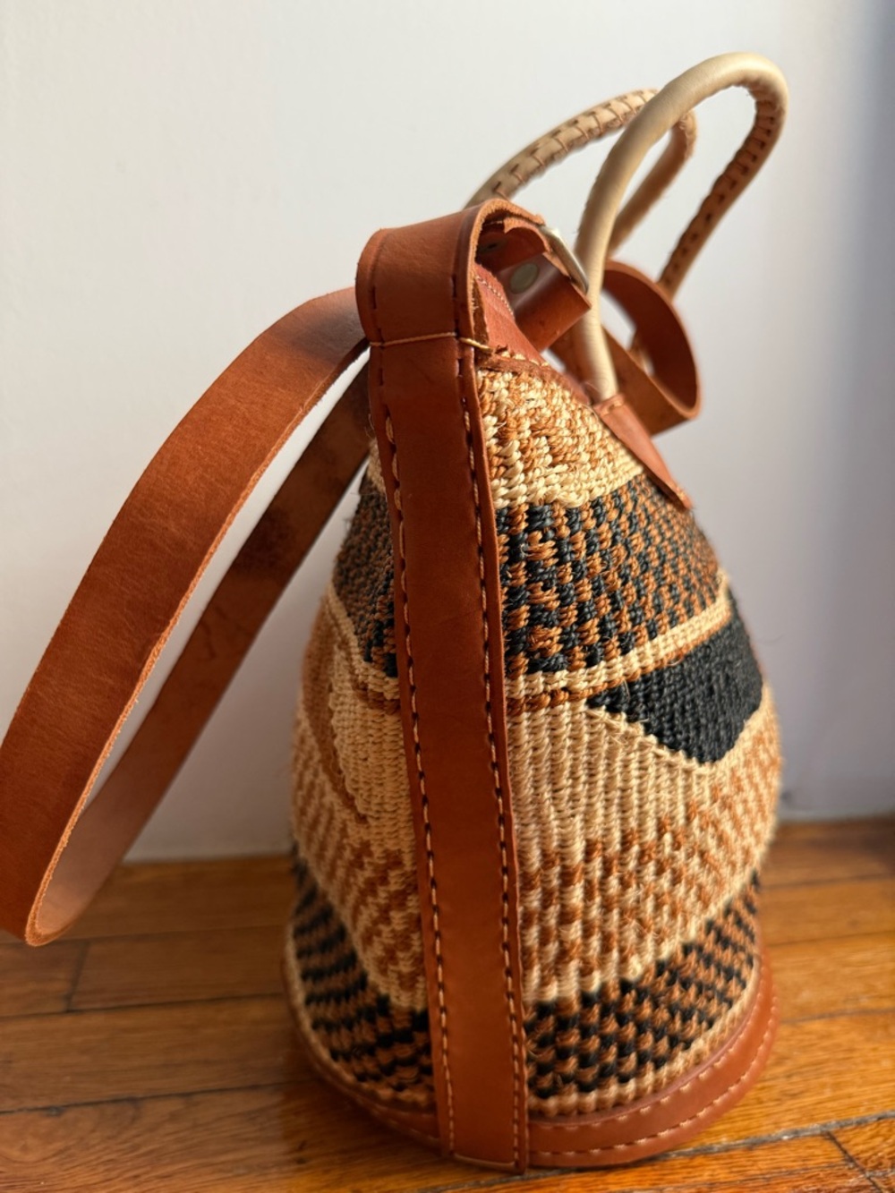 Handwoven Brown African Sisal Tote Bag Kenyan Basket Bag Leather Trim Large - Picture 2 of 11